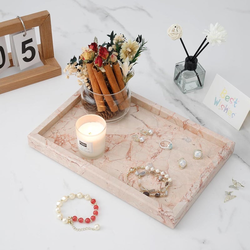 MULWR Marble Bathroom Tray,Pure Natural Vanity Tray,Marble Trays for Kitchen Counter Non-Ceramic/Non-Resin,Stone Tray 12 x 8 inch (Pink) ﻿ - Image 2